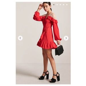 Red Lace Ruffle Wrap-front Dress